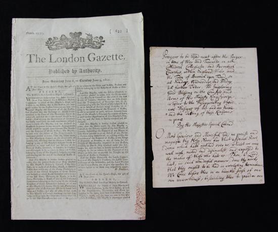 Nelson Interest: The London Gazette June 9 1801 and an 18th century handwritten prayer for success in war against our enemies for Mr Wi